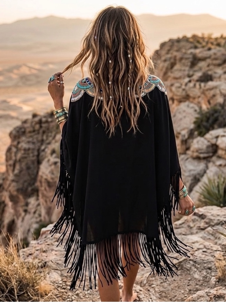 Vintage Alberto Makali Nwt Black Turquoise Beaded Fringe Cape Poncho Kimono L